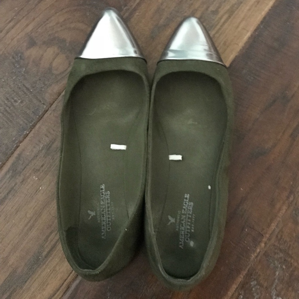 Green flats with silver toe size 7